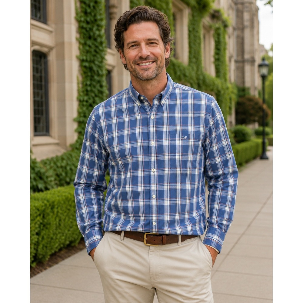 Vineyard Vines Tucker Shirt Mens XL Blue Plaid Slim Fit Stretch Long Sleeve